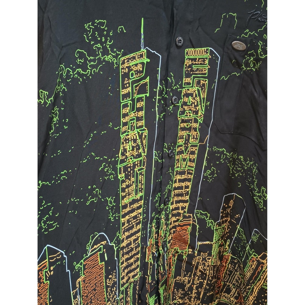 Vintage Phat Farm Shirt Mens 3XL Black Neon Cityscape‎ Twin Towers Button Up Y2K